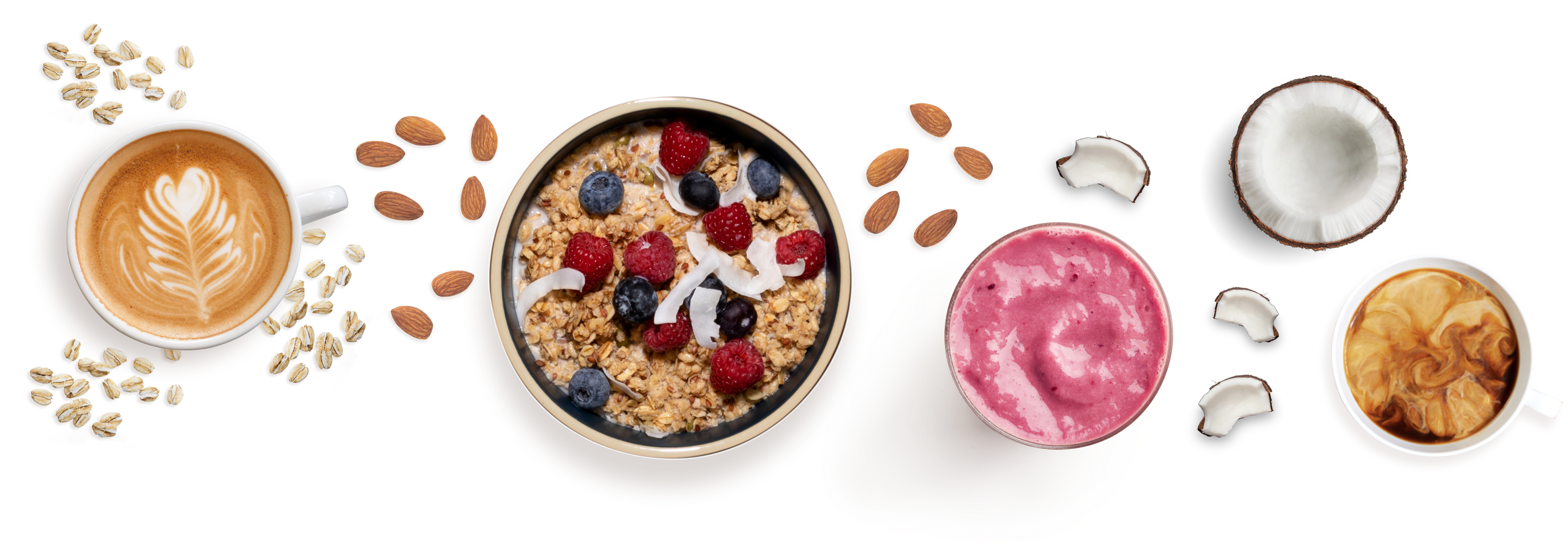 a top down look at cereal, smoothie, latte and coffee