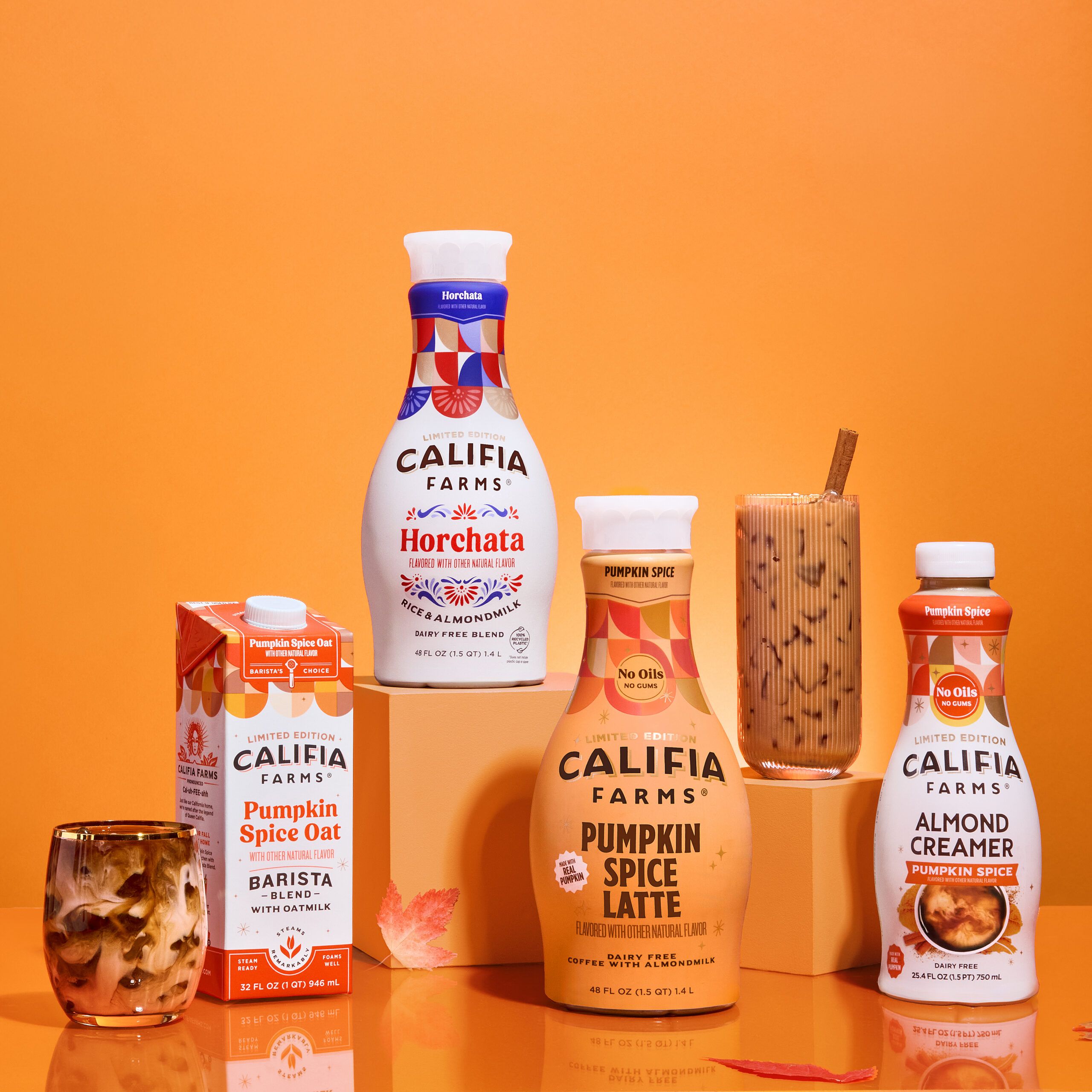 Mobile optimized picture of Califia Farms seasonal products including Horchata Almondmilk, Pumpkin Spice Latte, Pumpkin Spice Barista, and Pumpkin Spice Creamer.