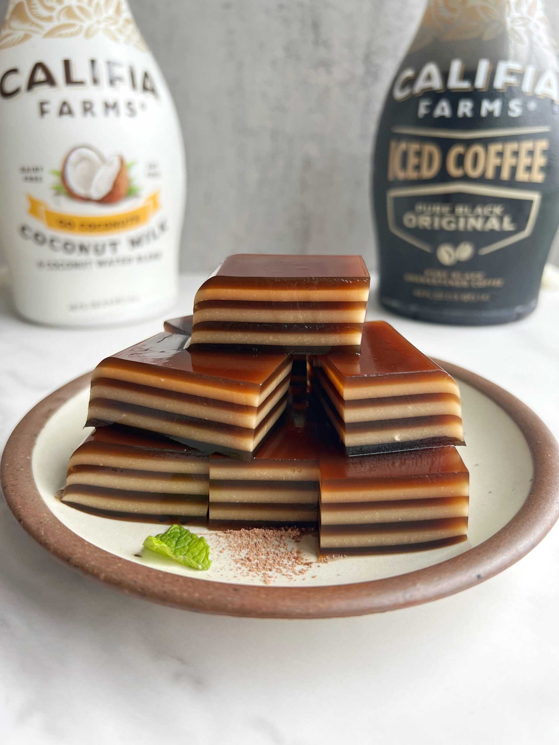 Layered coffee jelly squares sit at the center of the image.