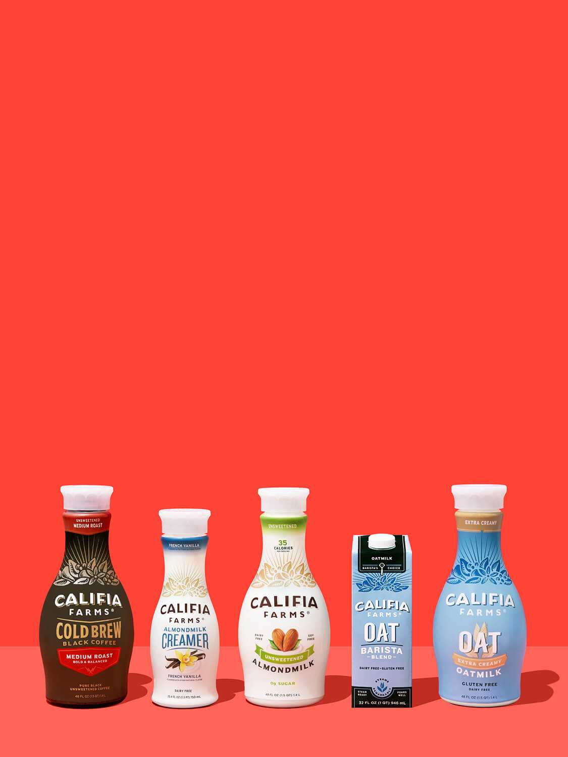 a row of five Califia products on a red background